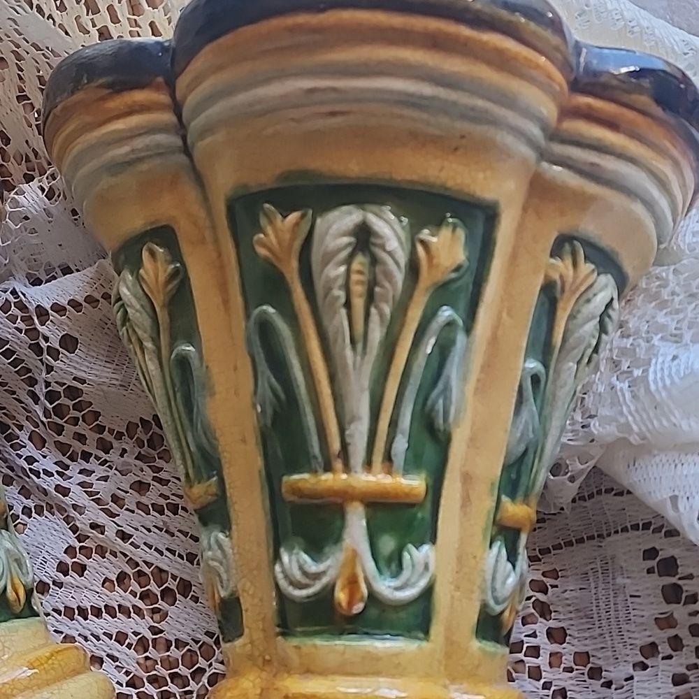 Majolica Inspired Crazed Mustard Yellow Moss Green Double Sconces